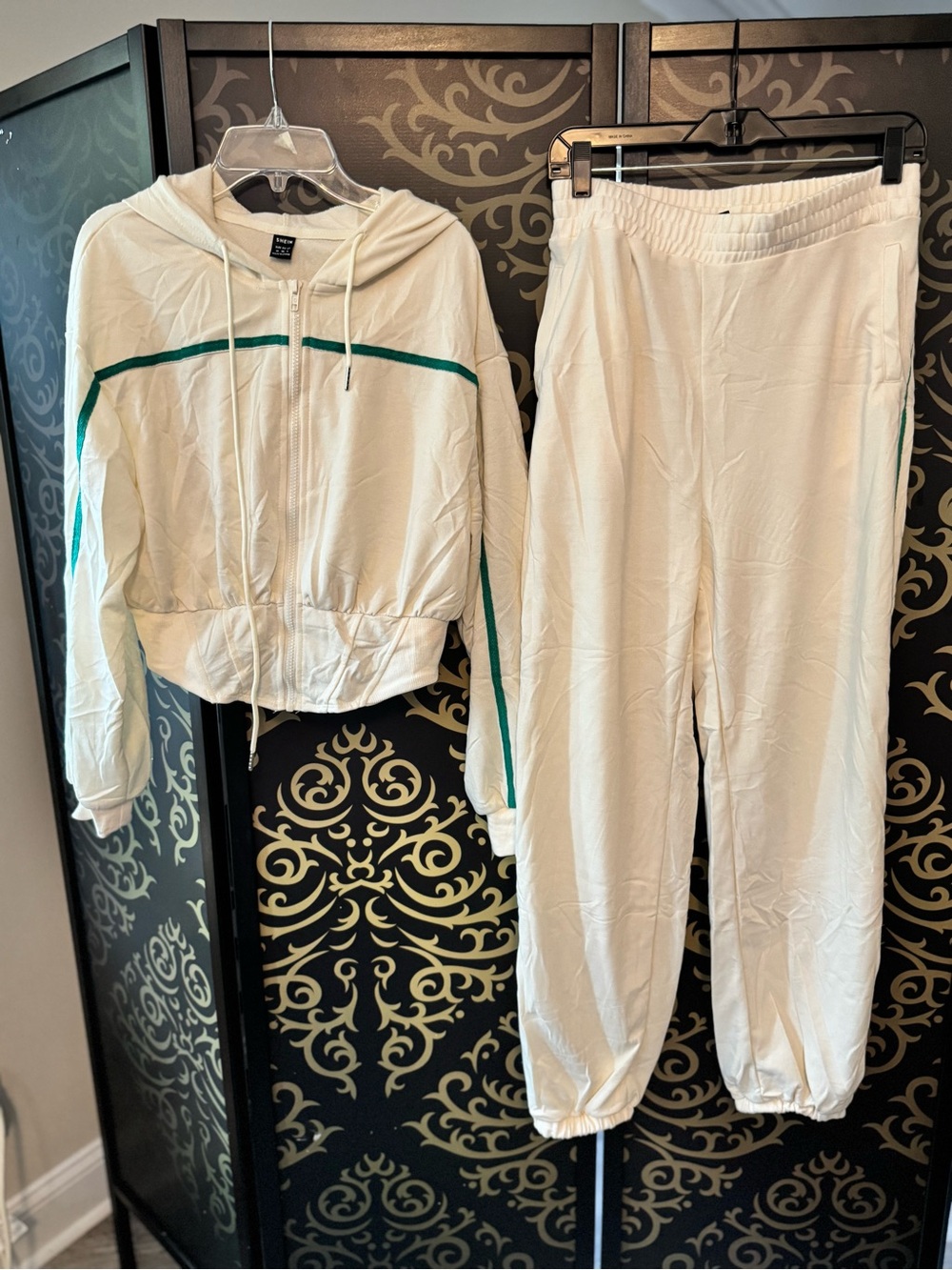 SHEIN White Two-Piece Hoodie & Jogger Set with Green Stripe